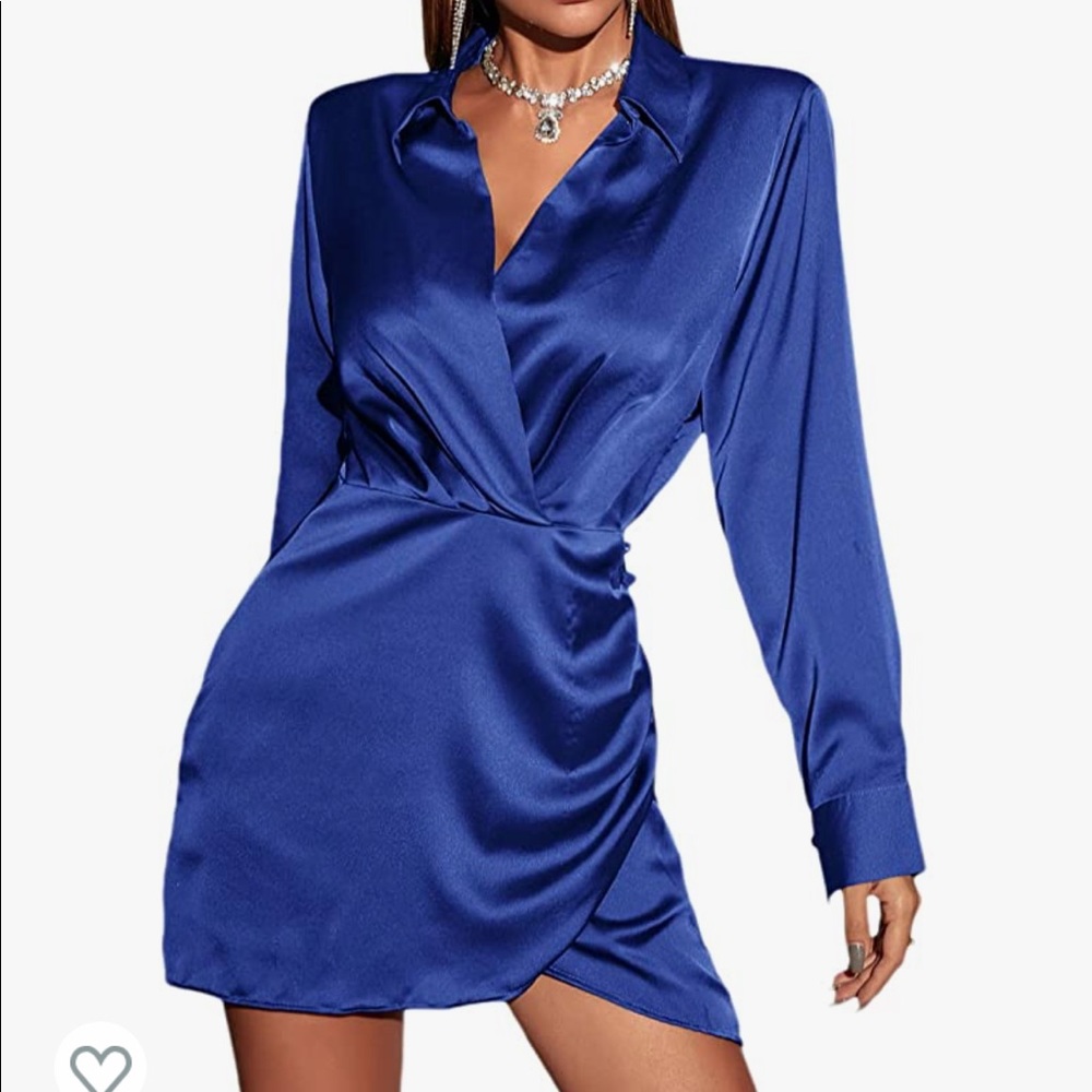 Floerns Women's Satin Bishop Long Sleeve V Neck Asymmetrical Party Short Dress